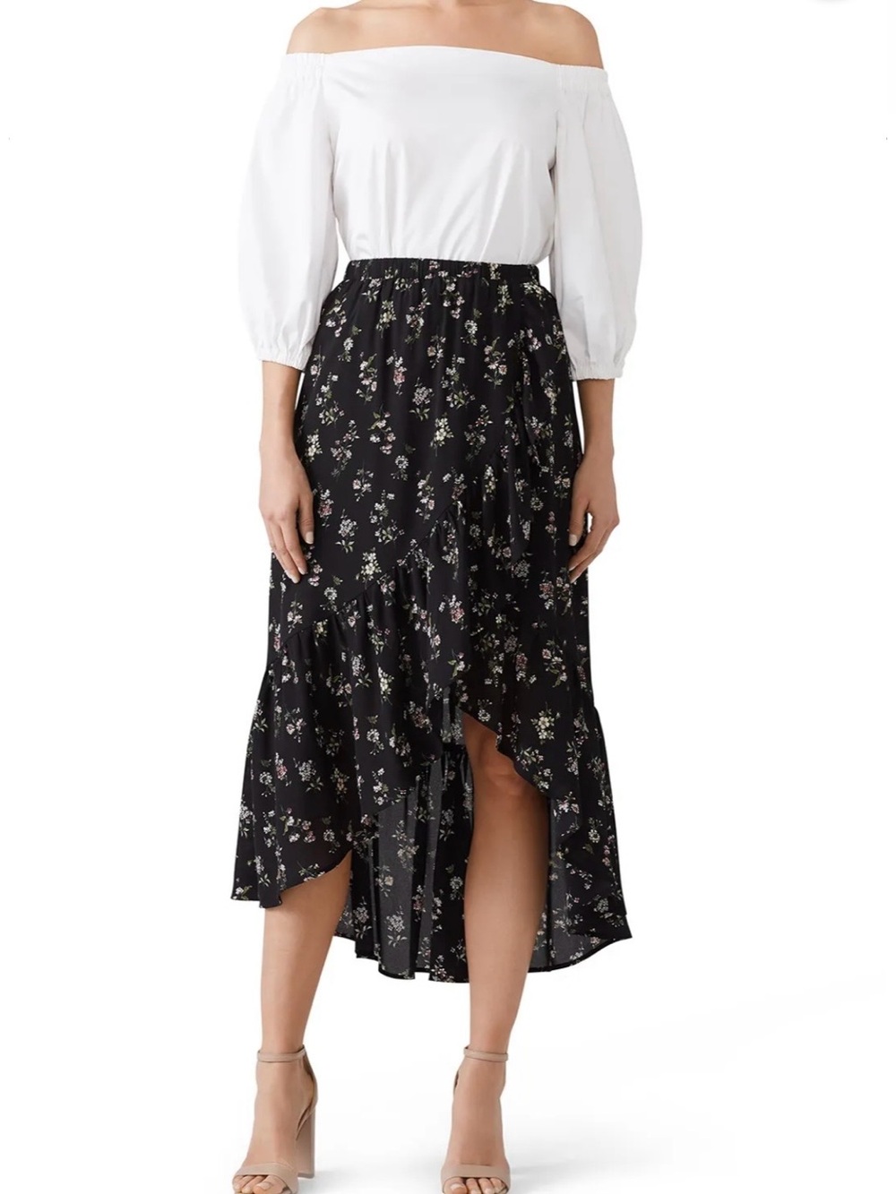 bobeau Black Floral Ruffle Midi Skirt with Pink & Cream Accents